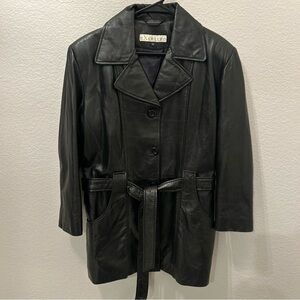 Womens Black Belted Leather Jacket Mid Length Size Large Midi Trench Coat